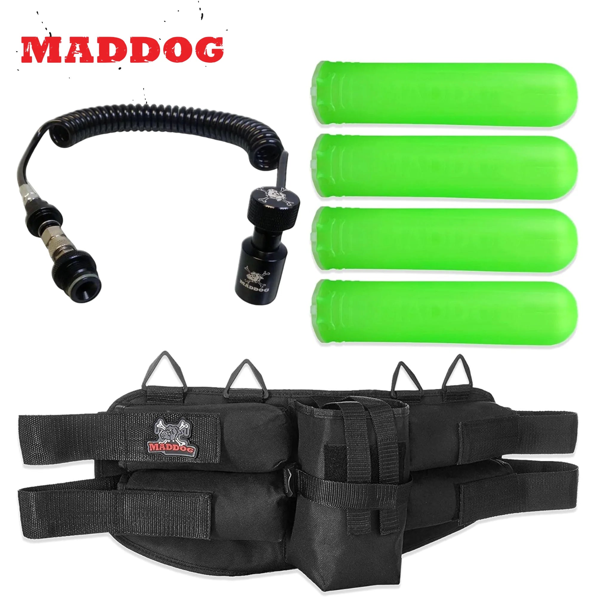 Maddog 4+1 Paintball Harness Pod Pack with (4) Paintball Pods and Quick Disconnect Paintball Tank Remote Coil Combo | Compressed Air (HPA) & CO2 Compatible