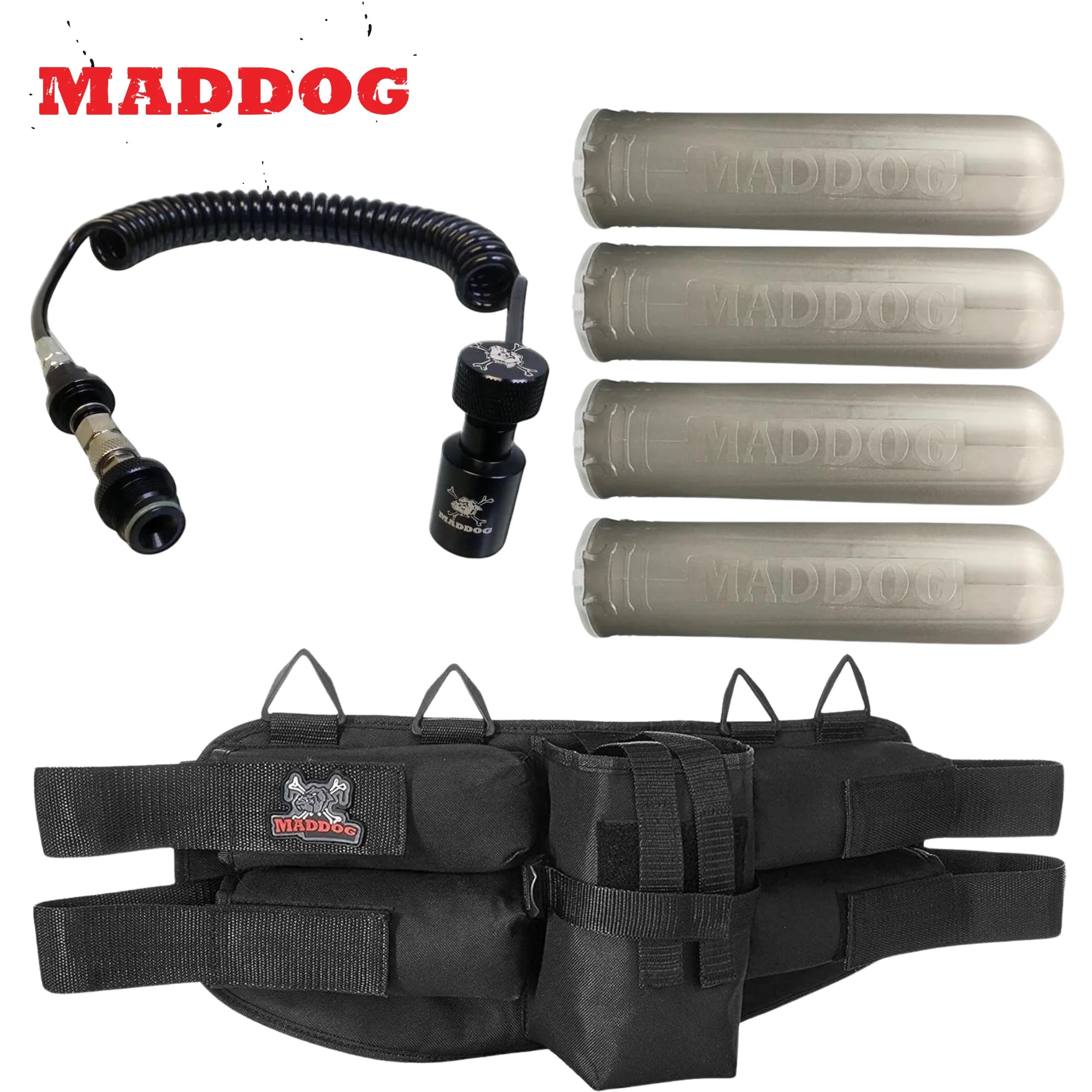 Maddog 4+1 Paintball Harness Pod Pack with (4) Paintball Pods and Quick Disconnect Paintball Tank Remote Coil Combo | Compressed Air (HPA) & CO2 Compatible