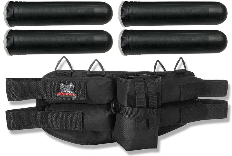 Maddog black paintball harness with four pods and tank holder pouch, adjustable waist belt, heavy duty nylon fabric