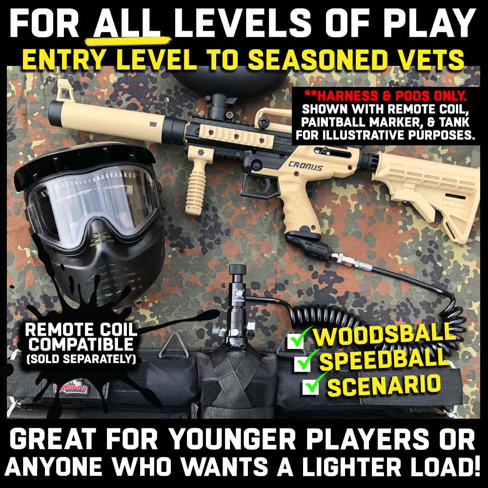 Entry level Maddog 4+1 paintball harness pod pack belt with four pods and HPA CO2 tank holder pouch on camouflage background with paintball marker and mask