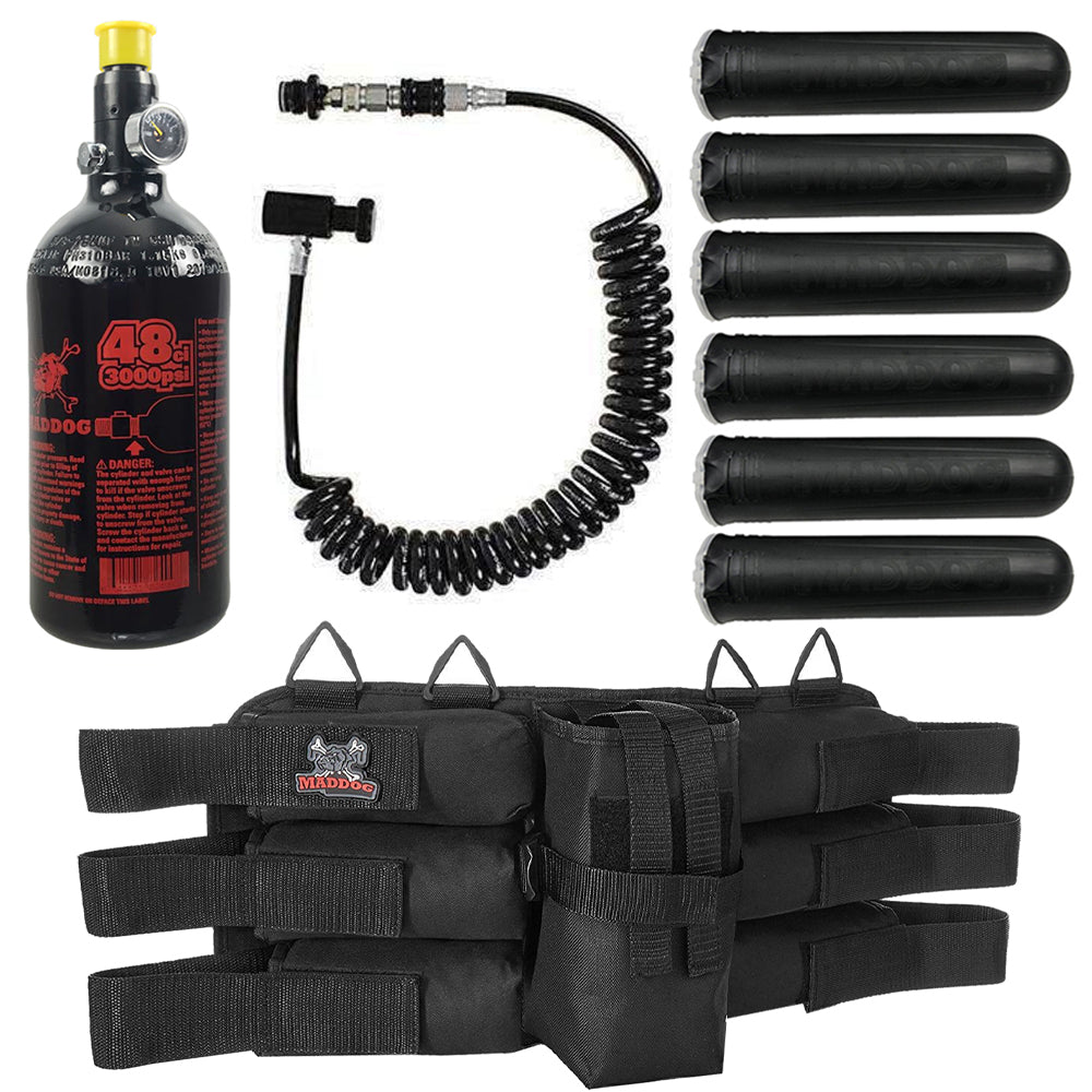 Maddog Sports 6+1 Paintball Harness w/ Pods, 48/3000 HPA Tank & Remote Coil w/ Slidecheck