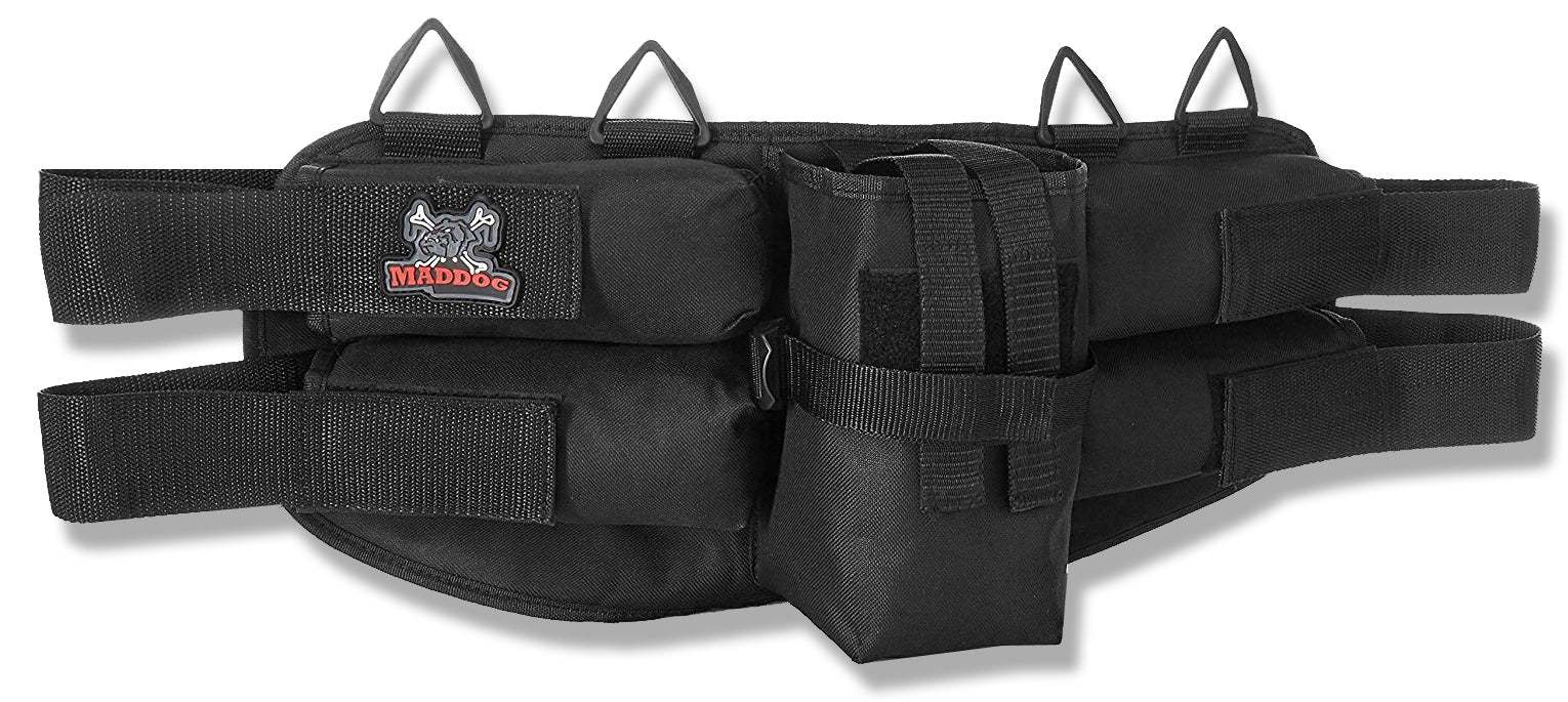 Black Maddog paintball harness with four pod holders and tank pouch, adjustable padded waist belt.