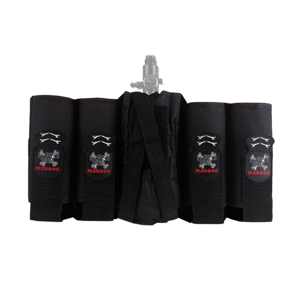 Maddog 4+1 Vertical Paintball Harness with 4 pod holders and tank pouch in black