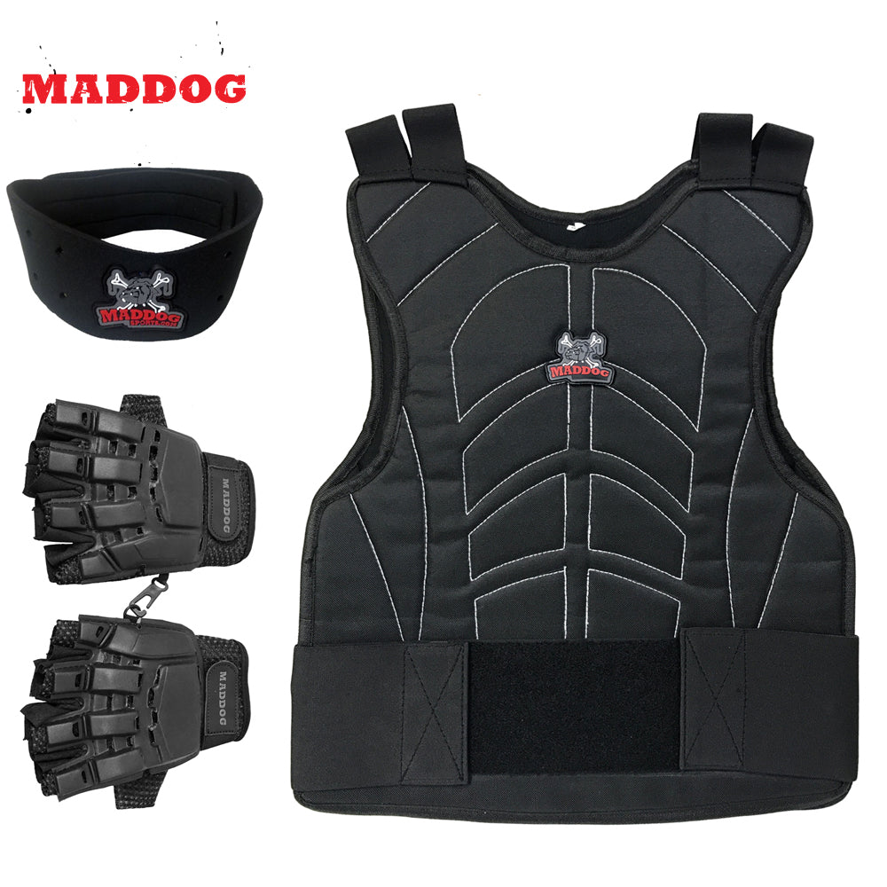 Maddog Padded Paintball & Airsoft Chest Protector, Half Glove, & Neck Protector Package