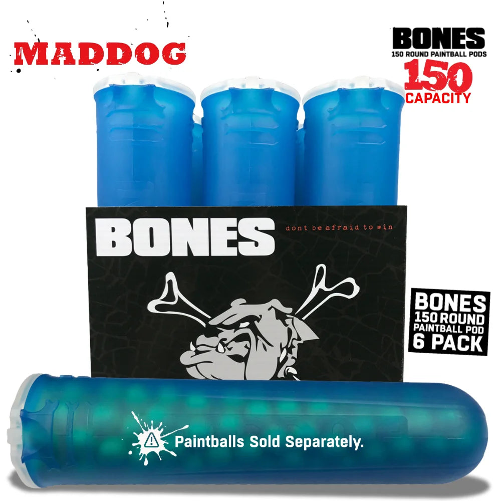 Maddog 150 Round Paintball Pods – BONES Grip Pod Tubes (6 Pack)