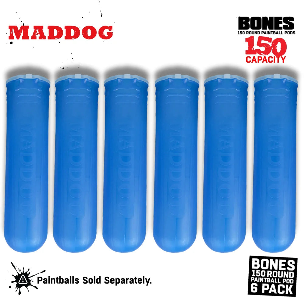 Maddog 150 Round Paintball Pods – BONES Grip Pod Tubes (6 Pack)
