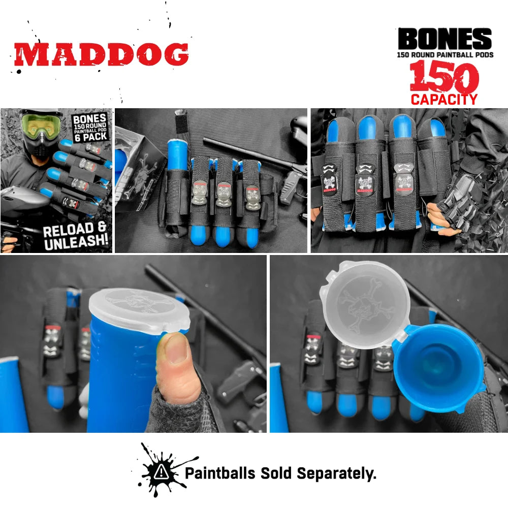 Maddog 150 Round Paintball Pods – BONES Grip Pod Tubes (6 Pack)