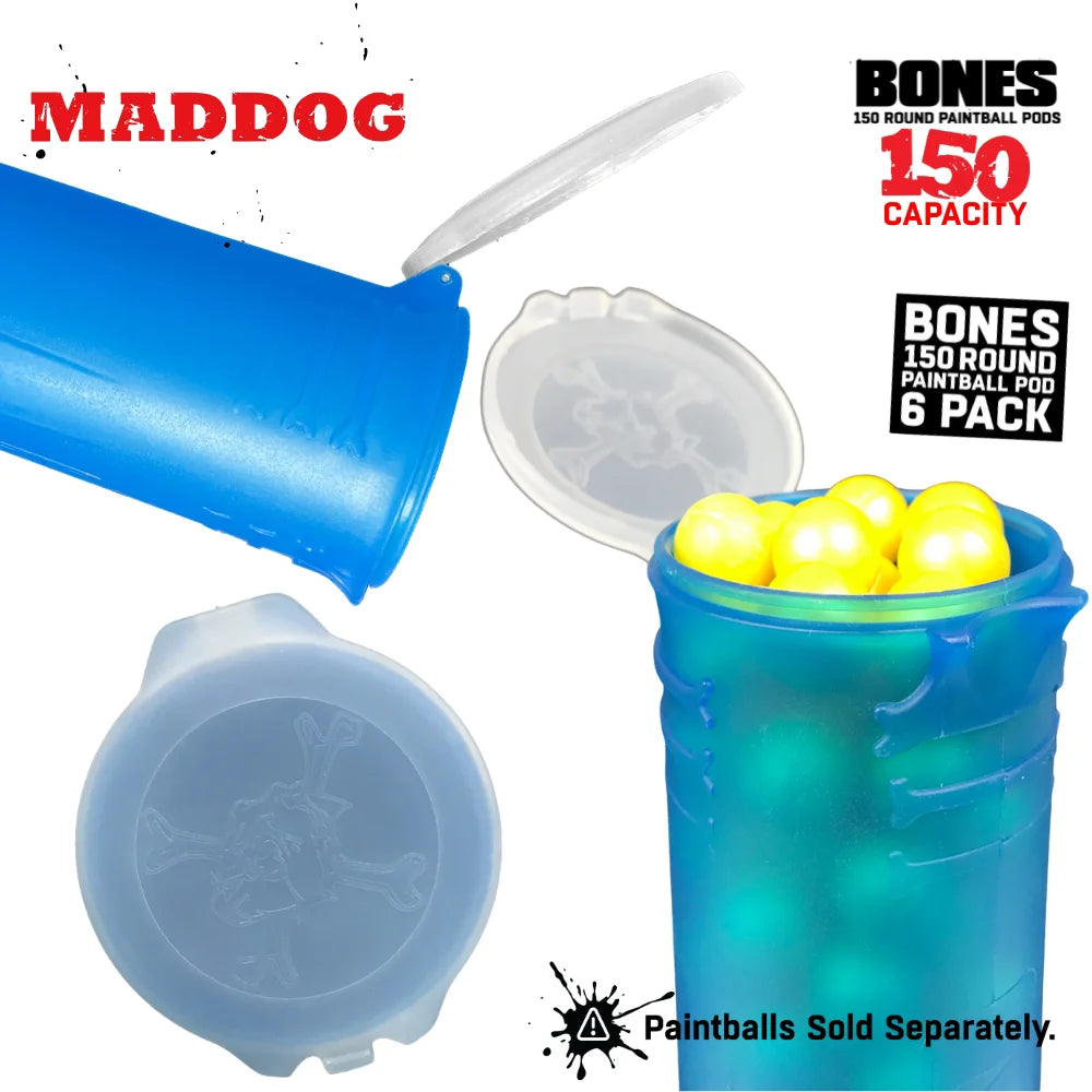 Maddog 150 Round Paintball Pods – BONES Grip Pod Tubes (6 Pack)