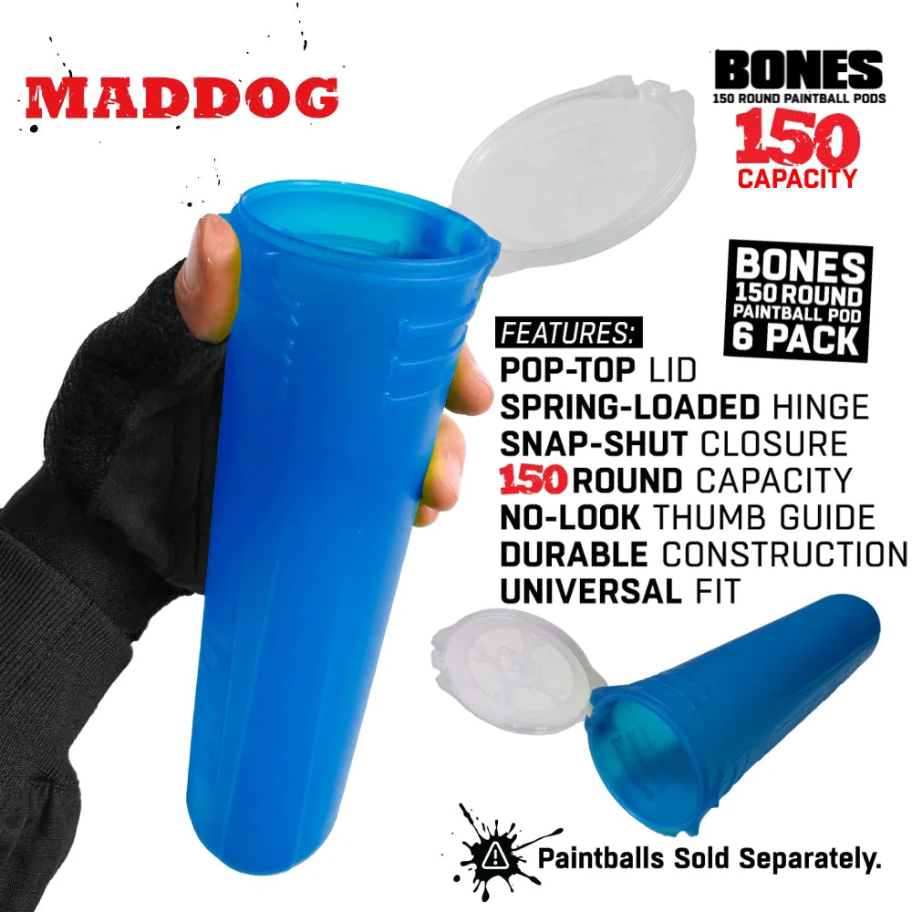 Maddog 150 Round Paintball Pods – BONES Grip Pod Tubes (6 Pack)