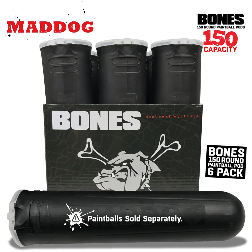 Maddog 150 Round Paintball Pods – BONES Grip Pod Tubes (6 Pack)