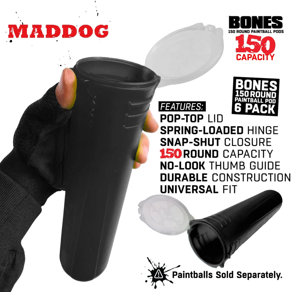 Maddog 150 Round Paintball Pods – BONES Grip Pod Tubes (6 Pack)