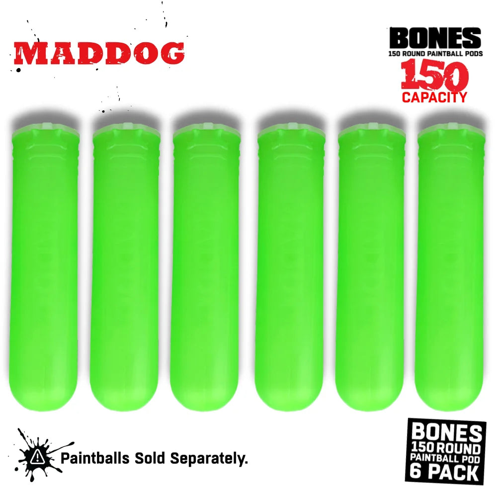 Maddog 150 Round Paintball Pods – BONES Grip Pod Tubes (6 Pack)