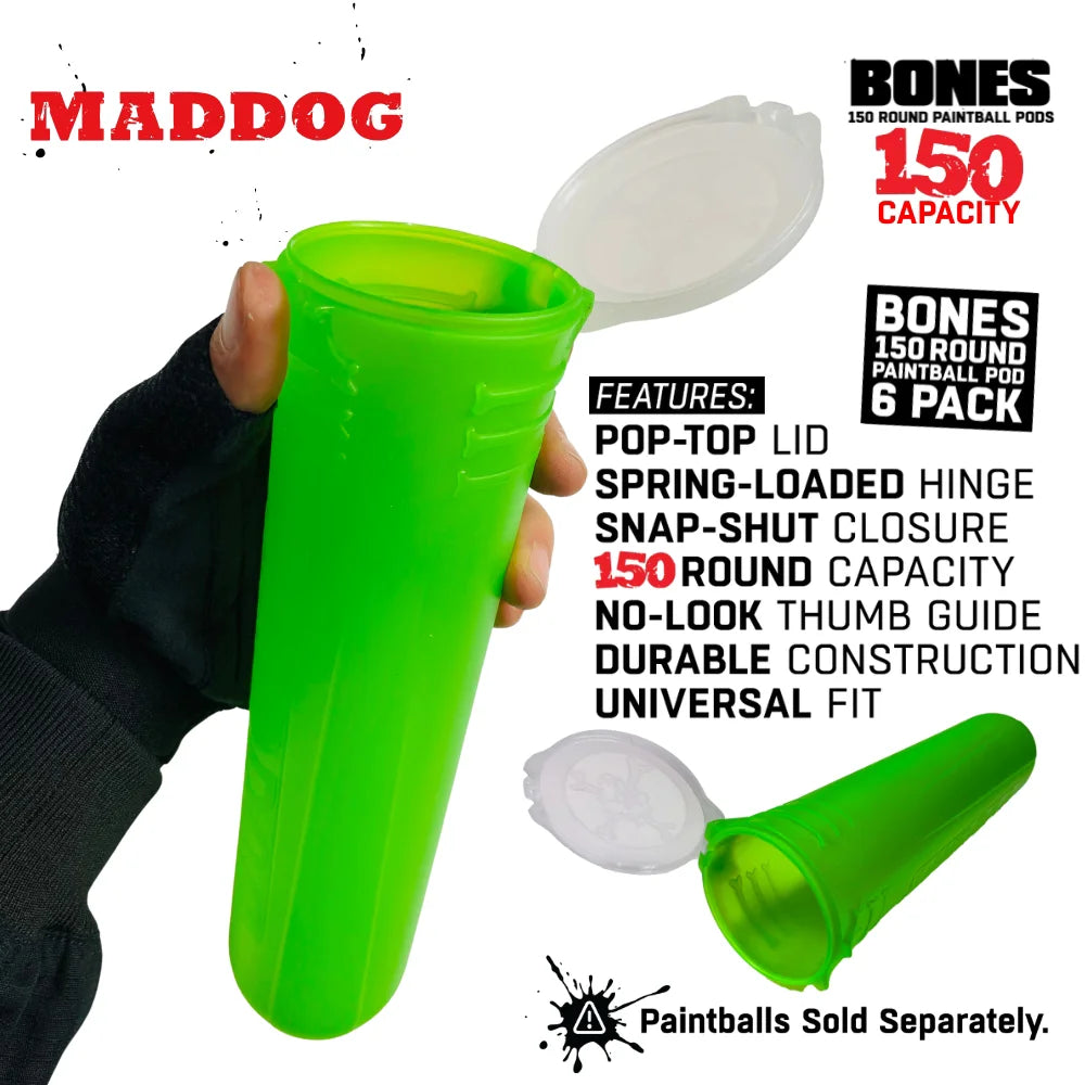 Maddog 150 Round Paintball Pods – BONES Grip Pod Tubes (6 Pack)