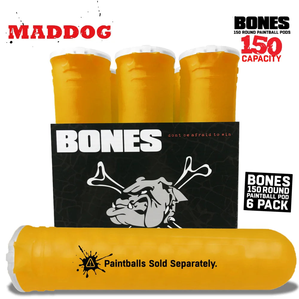 Maddog 150 Round Paintball Pods – BONES Grip Pod Tubes (6 Pack)