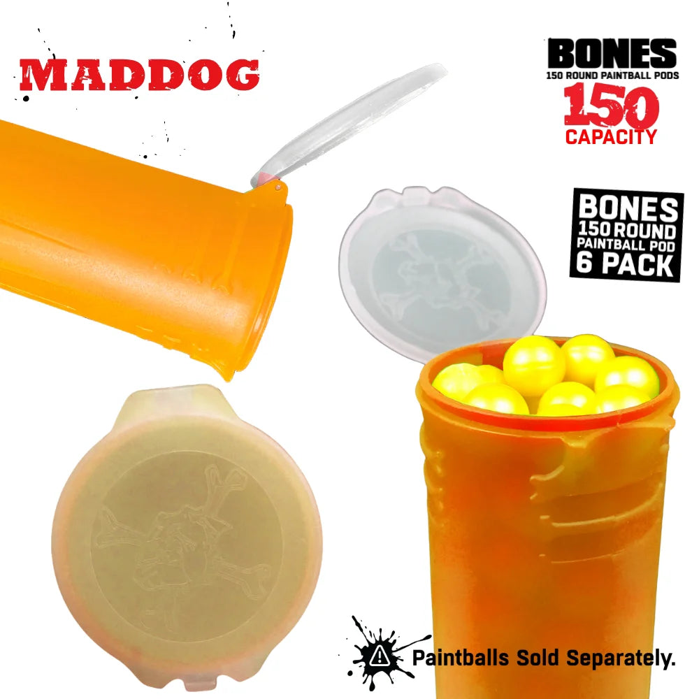 Maddog 150 Round Paintball Pods – BONES Grip Pod Tubes (6 Pack)