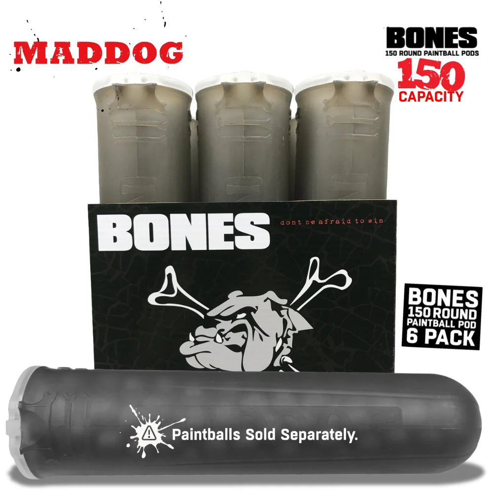 Maddog 150 Round Paintball Pods – BONES Grip Pod Tubes (6 Pack)