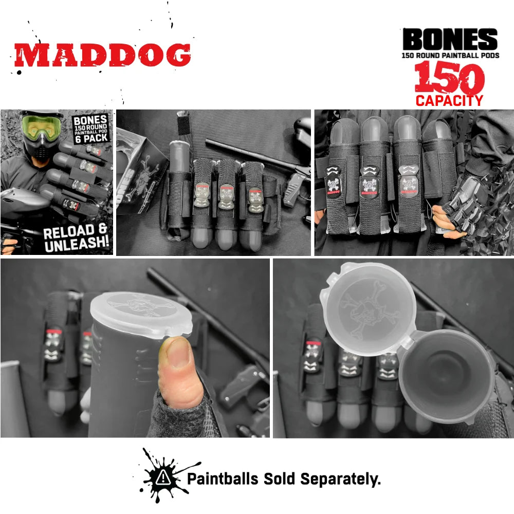 Maddog 150 Round Paintball Pods – BONES Grip Pod Tubes (6 Pack)