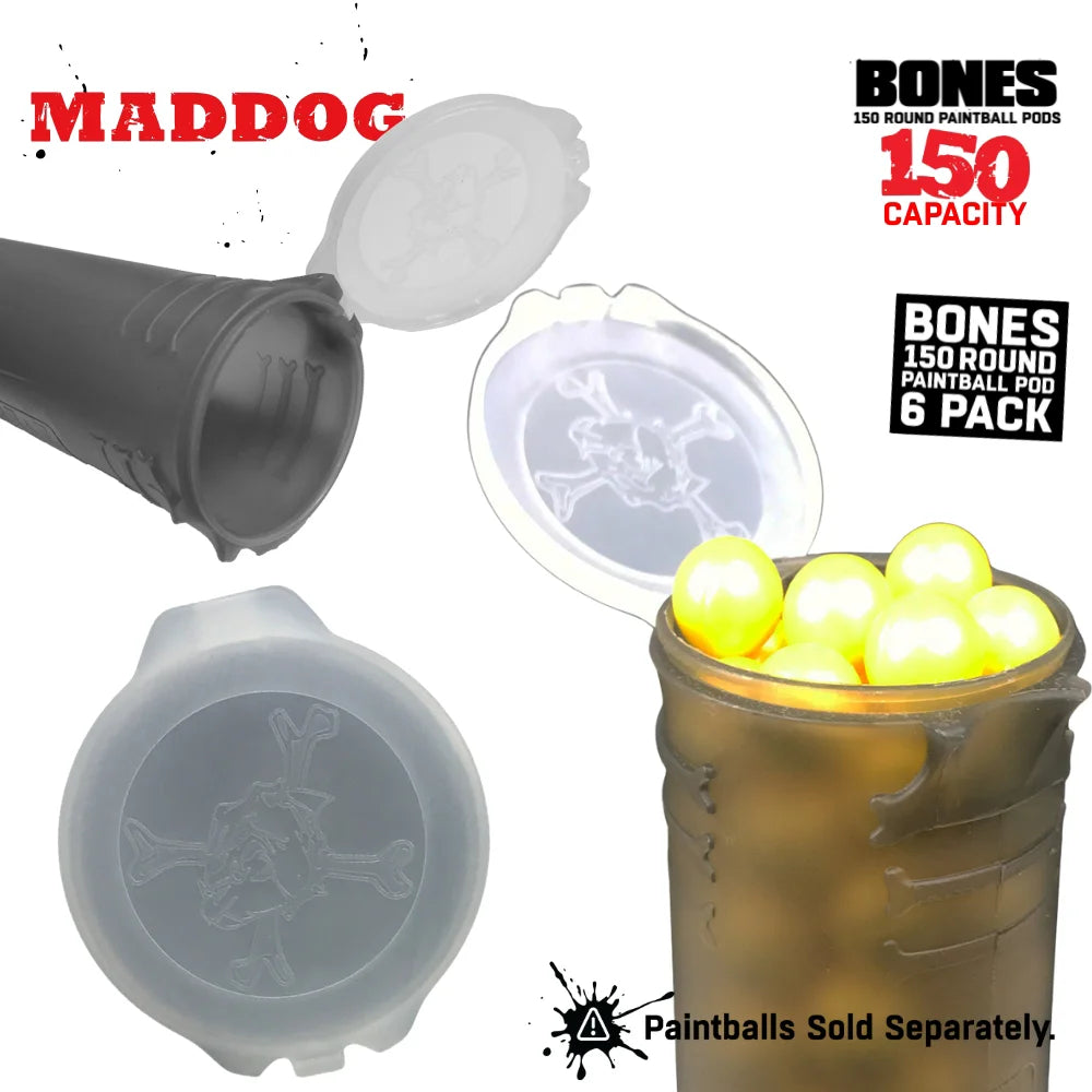 Maddog 150 Round Paintball Pods – BONES Grip Pod Tubes (6 Pack)