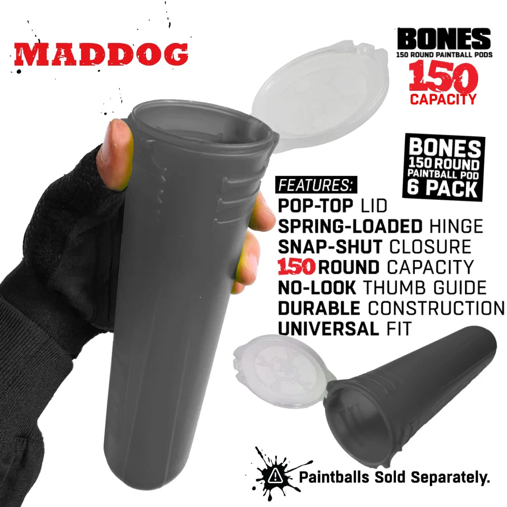 Maddog 150 Round Paintball Pods – BONES Grip Pod Tubes (6 Pack)