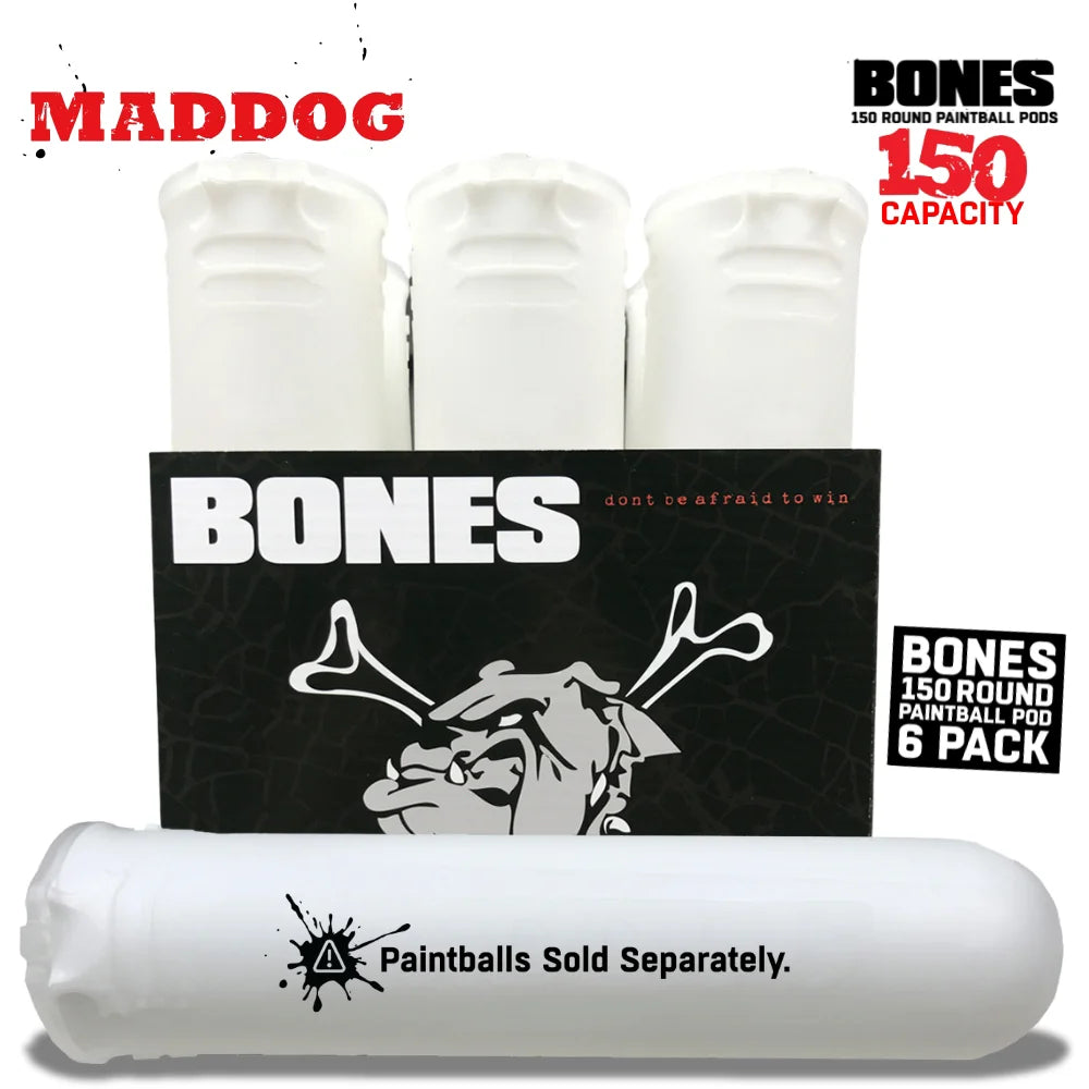 Maddog 150 Round Paintball Pods – BONES Grip Pod Tubes (6 Pack)