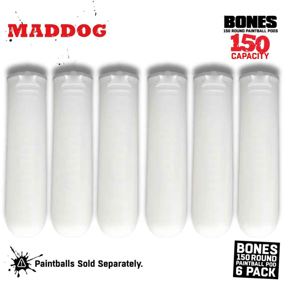Maddog 150 Round Paintball Pods – BONES Grip Pod Tubes (6 Pack)