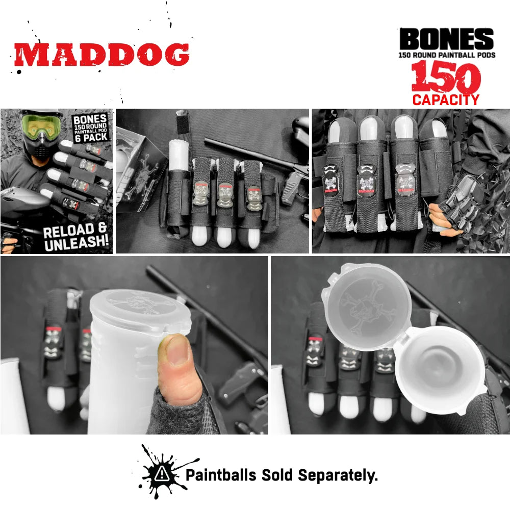 Maddog 150 Round Paintball Pods – BONES Grip Pod Tubes (6 Pack)
