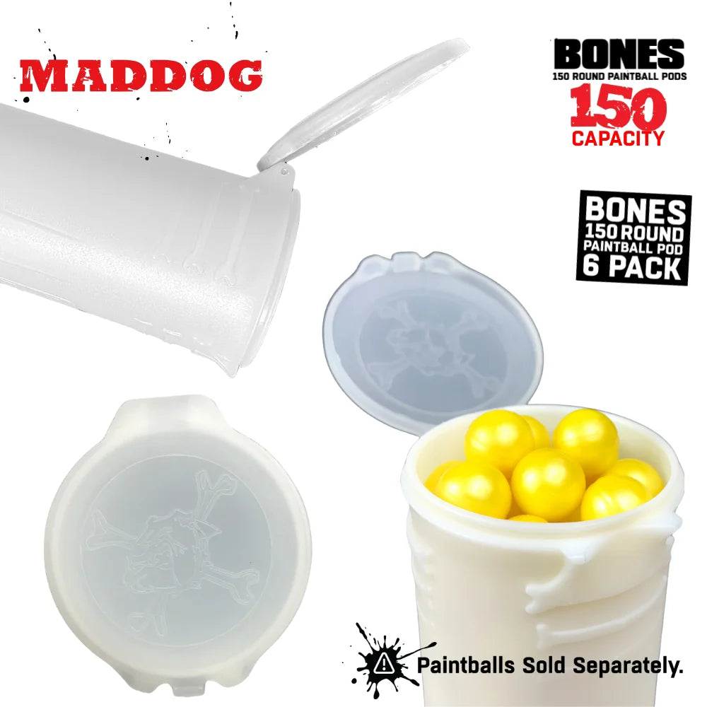 Maddog 150 Round Paintball Pods – BONES Grip Pod Tubes (6 Pack)