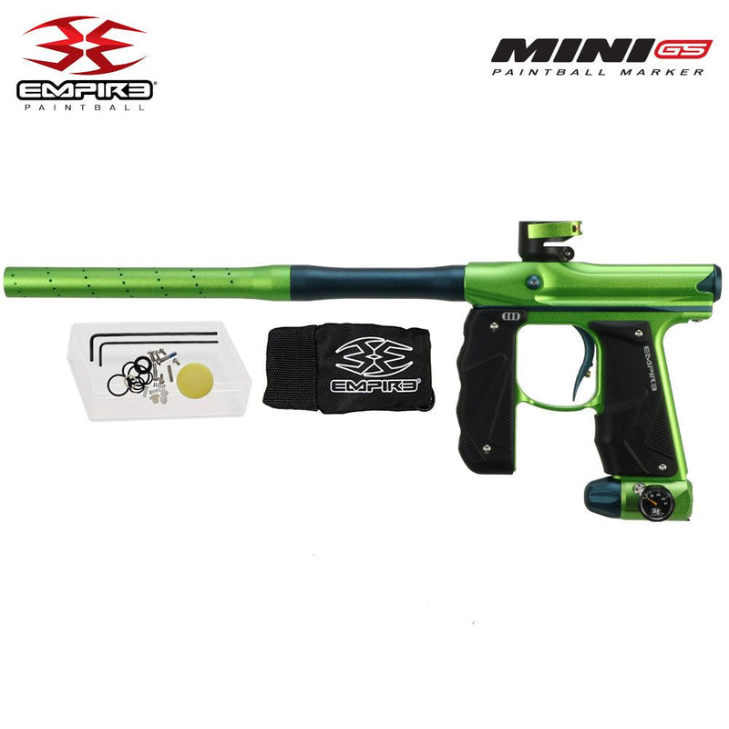 Empire Mini GS Paintball Gun in dust cadmium green and admiral blue with 2-piece barrel and included accessories.