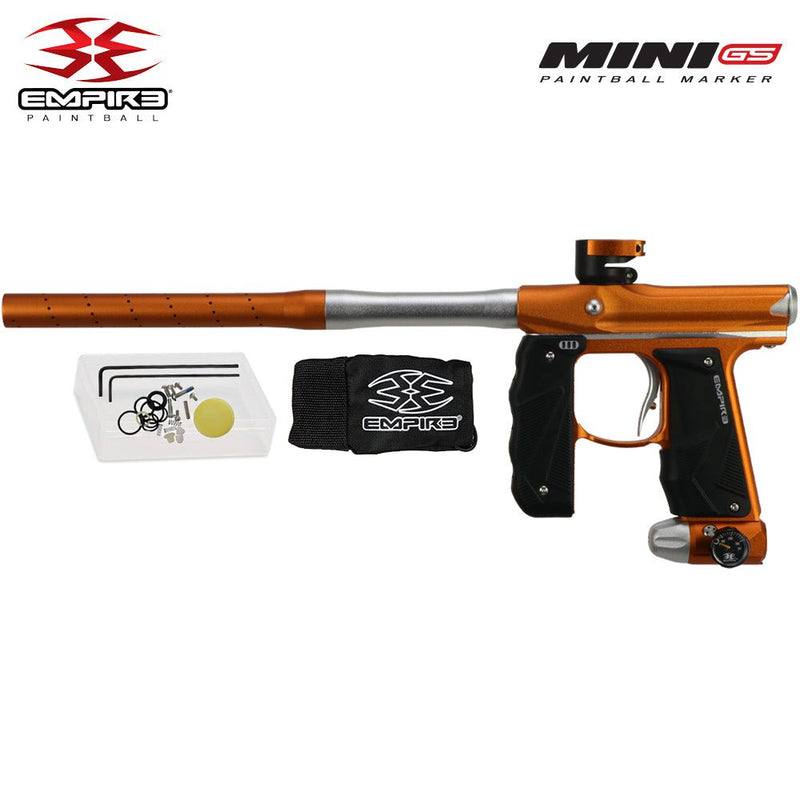 Empire Mini GS paintball gun in dust tangerine and white with 2-piece barrel and accessories