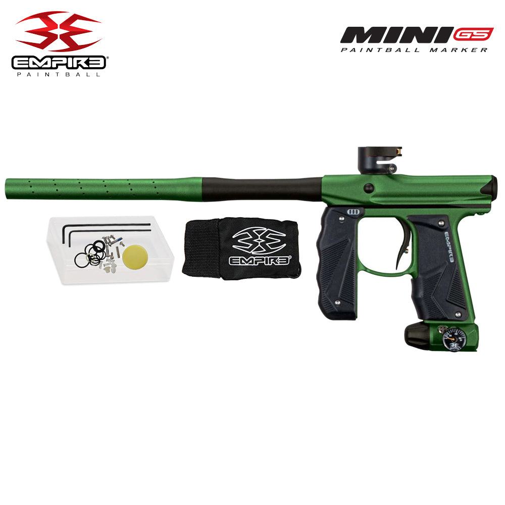 Empire Mini GS full-auto electronic paintball gun marker with wrap-around foregrip and 14" Autococker barrel system in green and black