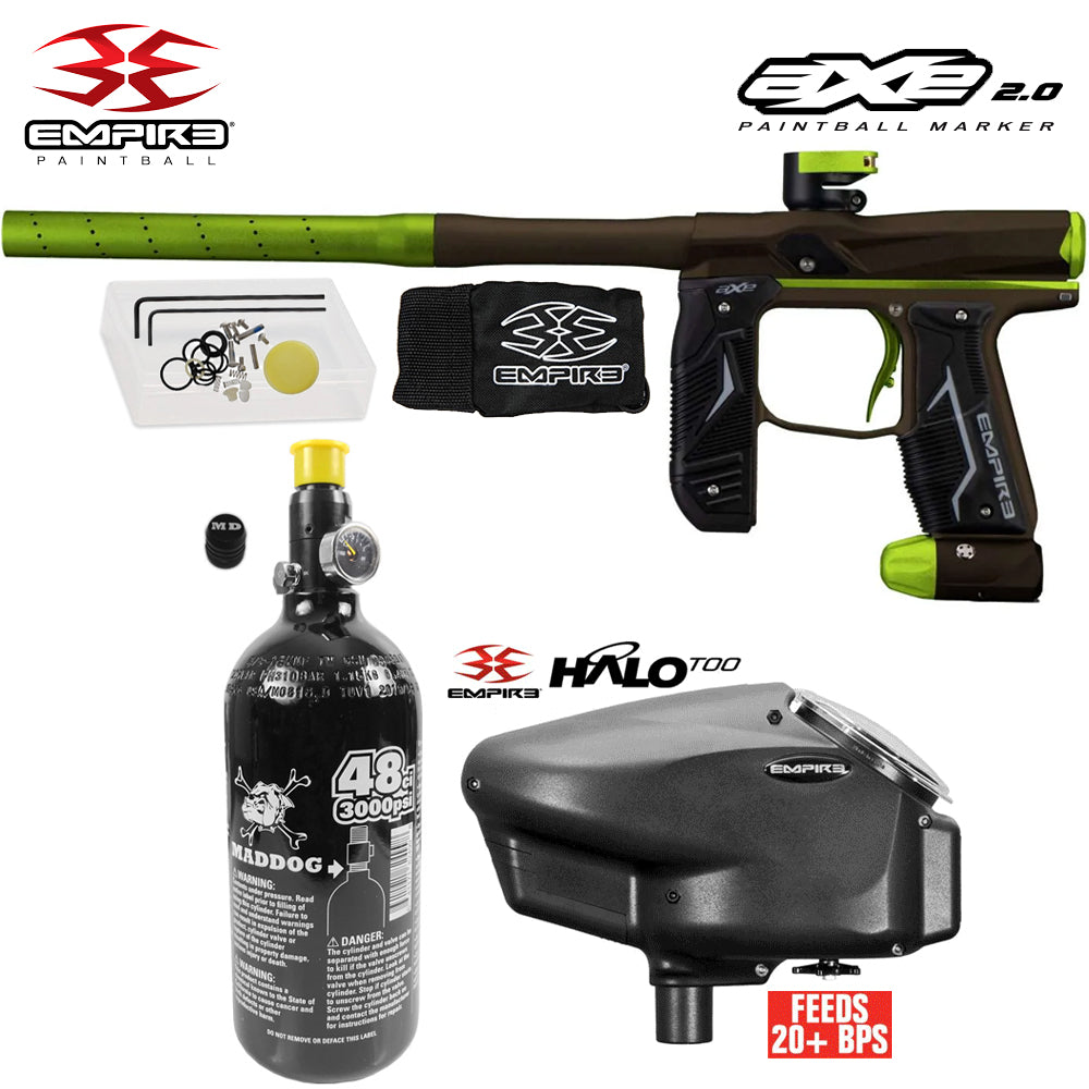 Empire Axe 2.0  Electronic Full Auto Paintball Gun Starter Package w/ 48/3000 Compressed Air HPA Paintball Tank & Empire Halo Too Electronic Paintball Loader