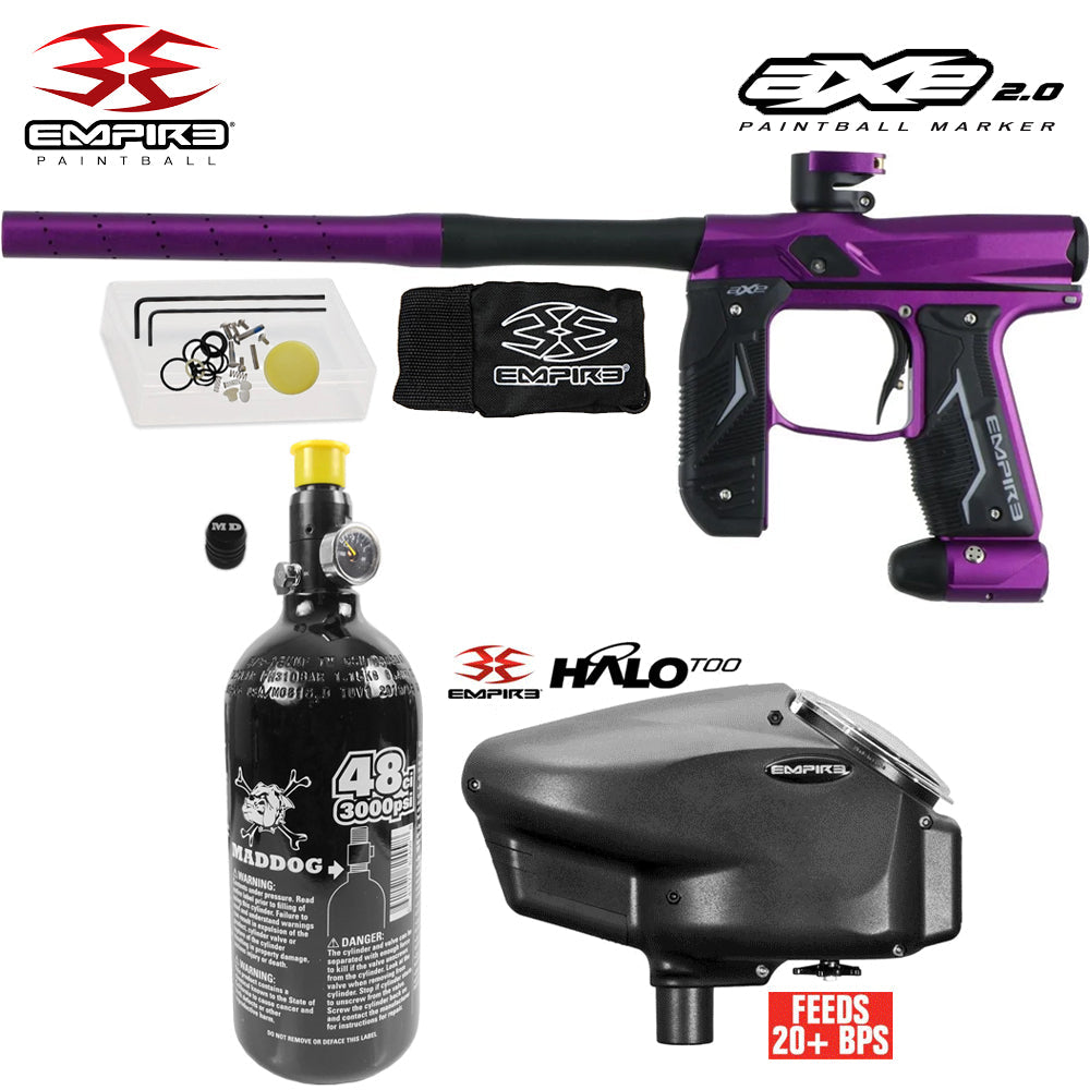 Empire Axe 2.0  Electronic Full Auto Paintball Gun Starter Package w/ 48/3000 Compressed Air HPA Paintball Tank & Empire Halo Too Electronic Paintball Loader
