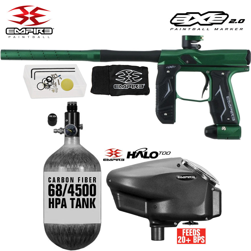Empire Axe 2.0  Electronic Full Auto Paintball Gun Starter Package w/ 68/4500 Carbon Fiber Compressed Air HPA Paintball Tank & Empire Halo Too Electronic Paintball Loader