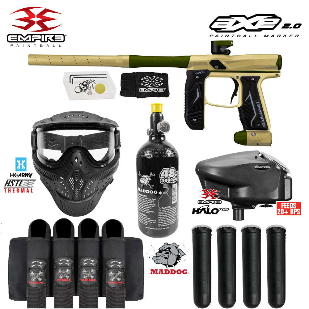 Empire Axe 2.0 Electronic Full Auto Paintball Gun Starter Package w/ HK Army THERMAL HSTL Paintball Mask, 48/3000 Compressed Air HPA Paintball Tank, Empire Halo Too Electronic Paintball Loader, & Paintball Harness Pod Pack