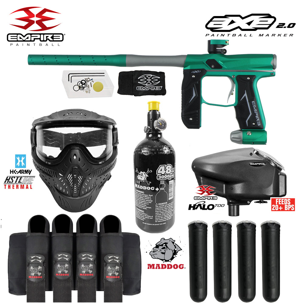 Empire Axe 2.0 Electronic Full Auto Paintball Gun Starter Package w/ HK Army THERMAL HSTL Paintball Mask, 48/3000 Compressed Air HPA Paintball Tank, Empire Halo Too Electronic Paintball Loader, & Paintball Harness Pod Pack