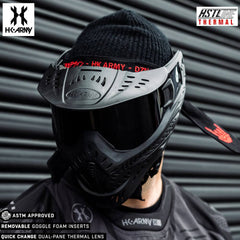 HK Army HSTL black paintball mask with smoke anti-fog thermal lens and adjustable straps