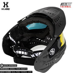 HK Army HSTL Goggle paintball mask with black frame and anti fog dual-pane thermal lens, featuring quick-change lens system and removable foam inserts.