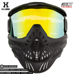 Black HK Army HSTL paintball mask with gold anti-fog thermal lens and ventilated design