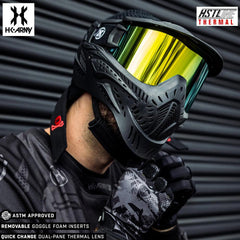 HK Army HSTL Goggle paintball mask with black frame and gold anti-fog thermal lens, breathable design and quick-change lens system.