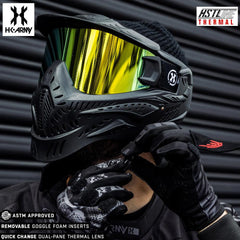 HK Army HSTL Goggle paintball mask in black with gold anti-fog thermal lens and adjustable straps