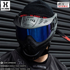 Person wearing black HK Army HSTL Goggle paintball mask with anti-fog blue ice lens and black beanie