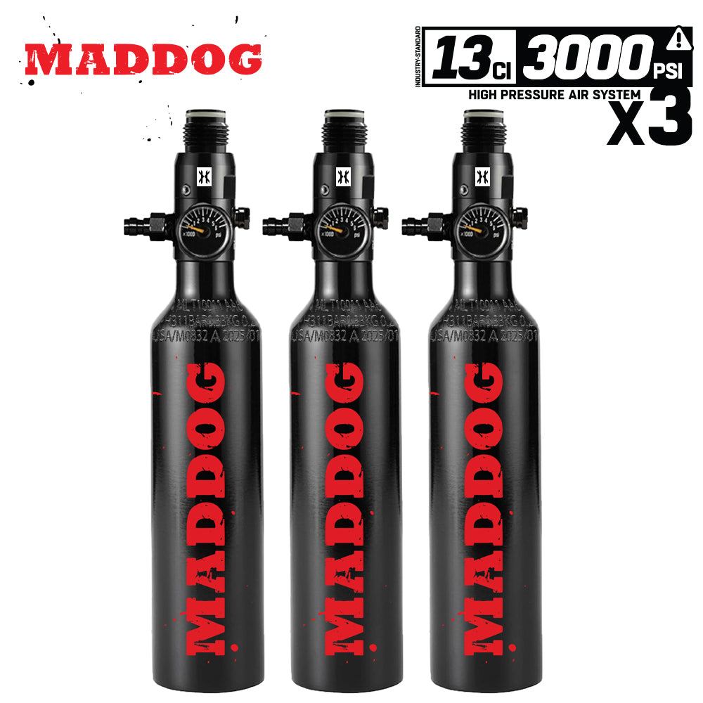 Three Maddog 13ci 3000psi aluminum high pressure air paintball tanks with HPA regulators, featuring pressure gauges and refillable design.