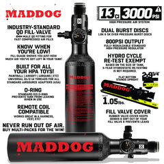 CLEARANCE Maddog 13ci/3000psi Compressed Air Aluminum HPA Paintball Tank with Regulator - 2025 HYDRO | Used But NOT Abused