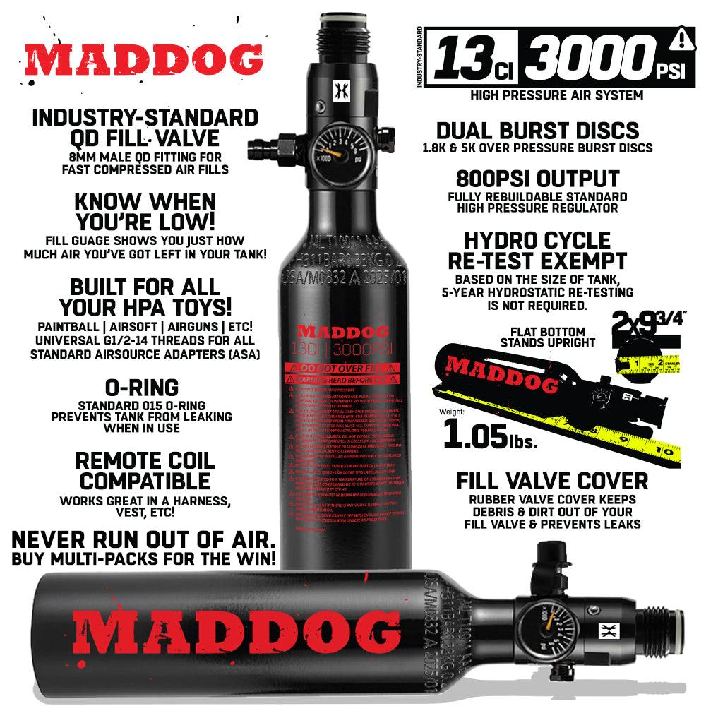 Maddog 13ci 3000psi aluminum compressed air paintball tank with HPA regulator, lightweight and durable with safety burst discs and fill valve cover
