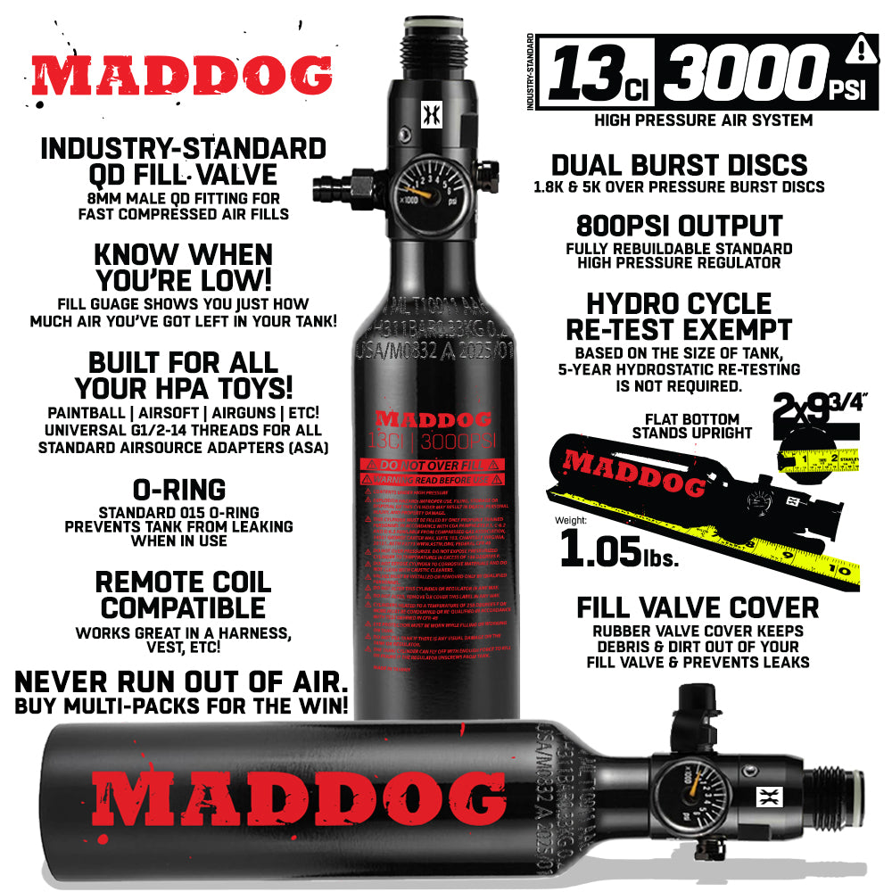 Maddog 13ci/3000psi Compressed Air Aluminum HPA Tank std config, marker upgrade, solid install fit, for custom builds, top view
