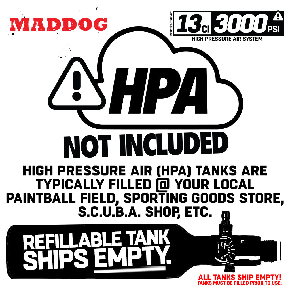 Maddog 13ci/3000psi Compressed Air Aluminum HPA std config, marker upgrade, reliable marker upgrade, for custom builds, rear angle
