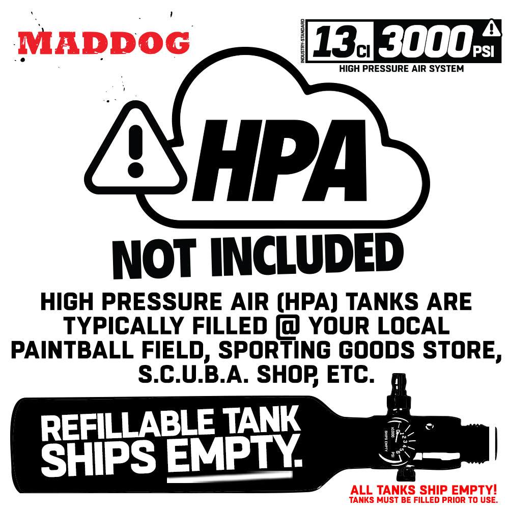 Warning label for Maddog 13ci 3000psi aluminum high pressure air system tank showing refillable tank ships empty and must be filled locally for paintball use