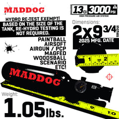 CLEARANCE USED Maddog 13ci/3000psi Compressed Air Aluminum HPA Paintball Tank with Regulator - 2024 HYDRO