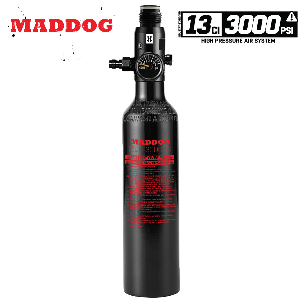 Maddog 13ci/3000psi Compressed Air Aluminum HPA Tank std config, marker upgrade, solid install fit, for custom builds, kit layout