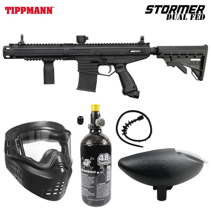 Tippmann Stormer Dual Fed Elite bronze paintball gun starter package with mask, HPA tank, loader, and accessories